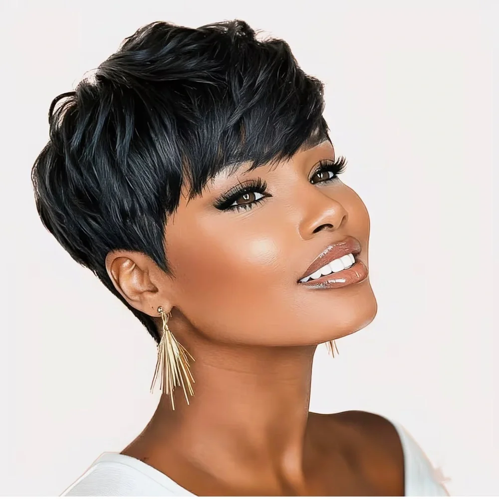 6inch 100% Brazilian Remy Human Hair Glueless Non-Lace Front Pixie Cut Wig.